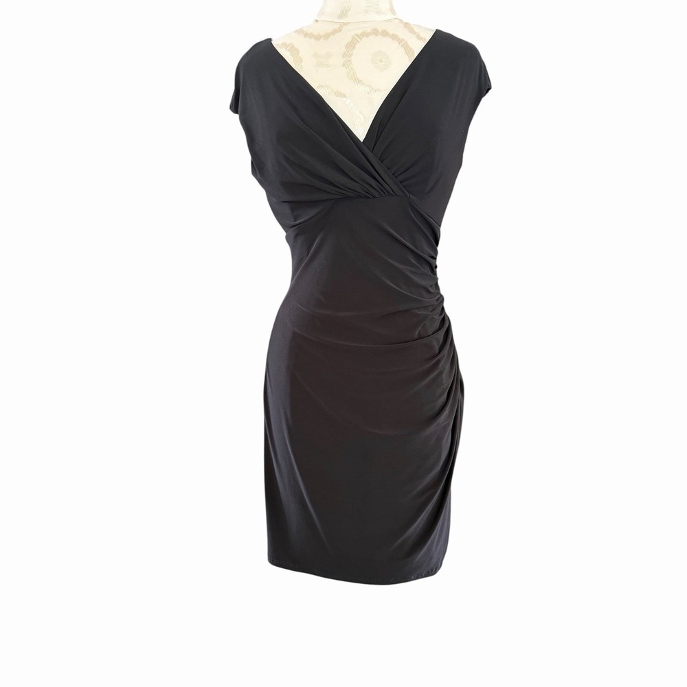 LRL Ralph Lauren Dress 4 Black Faux Wrap Sheath Ruched Cocktail Classic Slimming